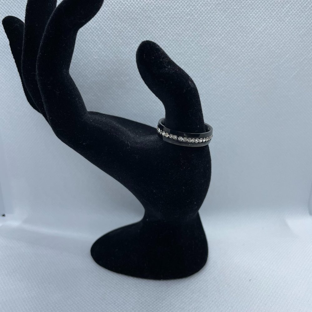 Stainless Steel Ring - Black Band W/ White/Clear